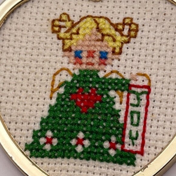 Vintage Cross-Stitch Angel Christmas Joy Ornament Heart Shaped Handmade Complete - Picture 4 of 6